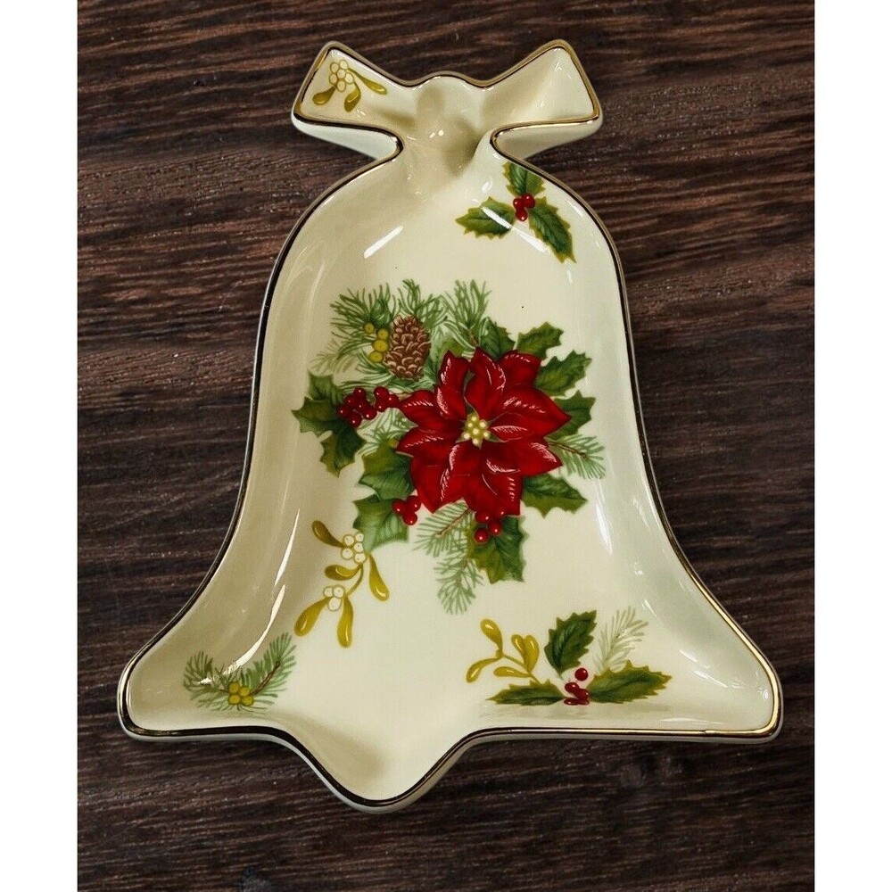 Mikasa Holiday Bloom Poinsettia Bell Candy Dish Christmas Gold Trim 8"